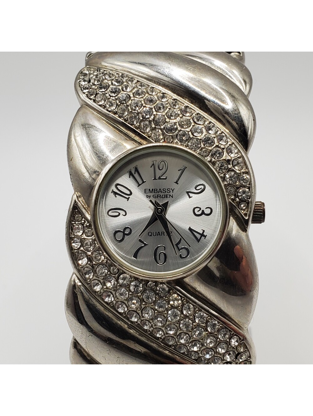 Embassy By Gruen Rhinestone Cuff Band Women Watch 29mm Silver Tone New Battery